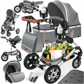 Produktbild: KESSER® Loops 4 in 1 Kinderwagen Kombikinderwagen Komplett-Set inkl. Babywanne & Buggy Sportsitz & Auto-Babyschale Voll-Gummireifen Wickeltasche Regenschutz Kindertisch ECE R129, Asphalt Grau/Silber