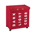 Produktbild: WENKO Wäschesammler Trivo Rot, Stabiler Wäschekorb mit Vier leichtgängigen Rollen und Deckel, 116 l Stauraum und DREI Fächer, (B x H x T): 56 x 60 x 35 cm, Aufschriften Dark, Light, Color