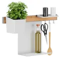 Produktbild: tesa Küchen-Organizer Kombi-Set S - selbstklebende Küchenleiste mit Kräutertopf, 2 Ablagen, Hakenleiste inkl. 3 Haken - Montage ohne Bohren - Bambus/Weiß