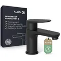 Produktbild: KLUDI-X1 Waschtischarmatur mit Zugstangen-Ablauf, Auslaufhöhe 75 mm, wassersparender Wasserhahn Bad Schwarz Matt Größe S, Keramikkartusche, Mischbatterie Waschbecken inkl. Anschlussschläuche