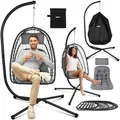 Produktbild: ONBEST Hängesessel mit Gestell - Hängestuhl höhenverstellbar & faltbar – Schaukel inkl. bequemen Kissen – Polyrattan Korbsessel für Outdoor & Indoor mit Schutzhülle – für Erwachsene (Grau)