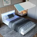 Produktbild: Juskys Polsterbett Paris 120x200 cm - Bett komplett mit LED-Beleuchtung, Matratze und Lattenrost - Kunstleder Bezug - weiß - Jugendbett