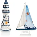 Produktbild: com-four® 2-teiliges maritimes Deko-Set - Dekoratives Holz-Segelschiff 27 cm und Leuchtturm 23 cm für ein maritimes Ambiente in Ihrem Zuhause