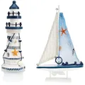 Produktbild: com-four® 2-teiliges maritimes Deko-Set - Dekoratives Holz-Segelschiff 27 cm und Leuchtturm 23 cm für EIN maritimes Ambiente in Ihrem Zuhause (2 Stück Leuchtturm/Segelboot - weiß/blau)