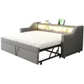 Produktbild: OKWISH Multifunktionales Polsterschlafsofa 90 x 190 cm aus Leinenstoff mit ausziehbarem Bett, Stauraum, USB-Fach, robustem Lattenrost, Hellgrau