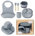 Produktbild: MoMi AMI Kindergeschirr Set Silikon Holz - Essensset für Kinder BPA-frei - Grau