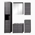 Produktbild: trendteam smart living - Amanda - Badezimmer Komplettset (WBU + Spiegelschrank LED + Standschrank + Hochschrank + Hängeschrank) - Agave Grau Hochglanz - (BxHxT) 163 x 190 x 34 cm - Kratzfest
