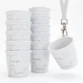 Produktbild: SoPro 12x Schnapsbecher zum Umhängen 4 cl wiederverwendbar - Schnapsgläser JGA 40 ml weiß - Schnapsglas zum Umhängen, Brautbecher mit Gravur