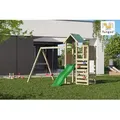 Produktbild: Spielturm Chester Natur Mit Doppelschaukel, Rutsche, Holzdach Und Kletterwand - Fungoo