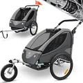 Produktbild: KESSER® Kinderanhänger Fahrradanhänger 360° Drehbar mit Federung 2in1 Joggerfunktion Kinderfahrradanhänger + 5-Punkt Gurt Jogger Fahrrad Anhänger für 1 bis 2 Kinder max. 40kg Inkl. Warnfahne Hellgrau
