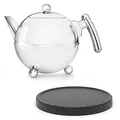 Produktbild: Bredemeijer Bella Ronde Edelstahl-Teekannen-Set 1.2 L - Doppelwandige Edelstahlkanne in Kugelform mit Füßen, silber - Mit schwarzem Untersetzer, ohne Siebeinsatz, ideal für Teebeutel & losen Tee
