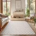 Produktbild: SIMPEX Teppich Läufer 60x110 cm Creme Karo Design Bouclé Schlingenflor Skandi Stil Superweich Pflegeleicht Moderner Flurteppich für Eingangsbereich Schlafzimmer Küche