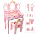 Produktbild: CCLIFE 60x30x97cm schminktisch Kinder, Holz für mädchen mit Spiegel Hocker Make-up Tisch Set Holzschublade, Pink&Weiß Frisiertisch Kosmetiktisch
