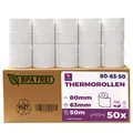 Produktbild: Thermorollen 80mm x 50m x 12mm - Kassenrollen - Bonrollen für Registrierkasse mit Bondrucker - Thermopapier für Kassensysteme – BPA Frei (Medium - 80x63x12 - 50 Meter - 50 Rollen)