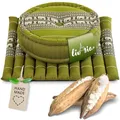 Produktbild: livasia Meditationsset L - Ø 38x15cm / Matte 50x50x4,5cm - Yogaset mit Kissen und Matte, Pouf, Yogamatte und Yogakissen mit Kapok handgefertigt, Bodenkissen Outdoor, Zafukissen (Grün/Elefanten)