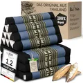 Produktbild: livasia Thaikissen mit 3 Auflagen - 175x50x8cm - Dreieckskissen mit Klappmatratze, Keilkissen Kapok, Rückenkissen faltbar, Thaimatte zum Klappen, handgefertigt, Meditationskissen (Blau/Elefanten)