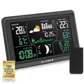 Produktbild: KLAMER Wetterstation Funk mit Außensensor, Digitale Funkwetterstation, Temperaturwarnung, Raumthermometer innen und außen, Wecker, Barometer, RCC Funkuhr, Batteriebetrieb und Netzbetrieb, schwarz