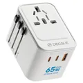 Produktbild: decqle Reiseadapter Weltweit, Universal Reisestecker mit 2 USB-C (GaN 65W), 1 USB-A und 1 AC Steckdose, Internationaler Steckdosenadapter, Universaladapter für EU, UK, US, AU (Weiß)