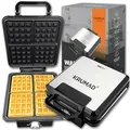 Produktbild: KRUMAD Waffeleisen 2000W – Doppel Waffle Maker für 4 Belgische Waffeln – Antihaftbeschichtung, Temperaturregler, Kontrollleuchten – Kompakt & Leicht zu Reinigen – Edelstahlgehäuse