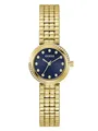 Produktbild: Guess Damen Armbanduhr Clara mit Zirkonia, goldfarbenes Edelstahlarmband, Mineral Glas, blaues Ziffernblatt, 3 Bar, Gehäusedurchmesser: 28 mm, GW0930L4