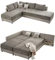 Produktbild: Federkern Ecksofa B306/T223/H95 cm Dauerschläfer, Doppelbett Schlaffunktion, Kaltschaum-Topper, Bettkasten, Regal, Schwenkteil RECHTS, Mikrofaser-Bezug Grau Braun, Korpus Kunstleder Beige / 15102