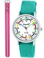 Produktbild: Pacific Time Lernuhr Mädchen Jungen Kinder Armbanduhr 2 Armband türkis + pink reflektierend analog Quarz 11058