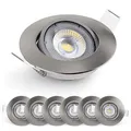 Produktbild: EMOS LED Einbaustrahler 230V, 5W / 450lm, 50° schwenkbar, Deckenspots warmweiß 3000k | Einbaustrahler LED Spot flach 68mm Lochmaß | Set mit 6 Stück LED Spots 230V, Einbauleuchten rund (Farbe silber)