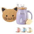 Produktbild: BigNoseDeer Katzentasse Süße Kaffeetasse aus Keramik mit Lovely Kitty Deckel Löffel, Morgentasse Tee Milch Geburtstagsgeschenk Weihnachtsbecher 380ML (Violett)
