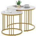 Produktbild: Couchtisch Rund, Satztisch 2er Set, Wohnzimmertisch, Couchtisch aus Holz, Beistelltisch Set, Sofatisch für Wohnzimmer, Schlafzimmer, Büro, Balkon, Gold Metallgestell und Weiß Marmor Tischplatte