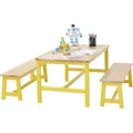 Produktbild: VEVOR Kindersitzgruppe Kindertisch, 2 Bänke 1 Tisch Kindersitzgruppe aus Massivholz, Kindertisch-Set Stabile Kindermöbel Sitzmöbel für Kinder, Mädchen, Jungen, Spielzimmer Kindermöbelset Gelb