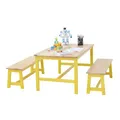 Produktbild: VEVOR Kindersitzgruppe Kindertisch, 2 Bänke 1 Tisch Kindersitzgruppe aus Massivholz, Kindertisch-Set Stabile Kindermöbel Sitzmöbel für Kinder, Mädchen, Jungen, Spielzimmer Kindermöbelset Gelb