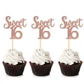 Produktbild: 24 Stück Rose Gold Glitter Sweet 16 Cupcake Topper 16 Geburtstagstorte Topper...
