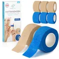 Produktbild: Health Press® Fingerpflaster Selbsthaftend – 8x Pflaster Rolle (2,5cm x 4,5m) – Verband Selbstklebend – Elastisches Tape wasserfest – Staub-, Fett- & Schmutzabweisendes Pflasterband (4 Blau + 4 Beige)
