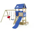 Produktbild: Wickey Spielturm DinkyHouse mit Picknicktisch - Blaue Rutsche & Plane - Kinder Kletterturm für den Garten aus Massivholz - 334x317x247 cm
