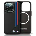 Produktbild: BMW Handyhülle iPhone 16 Pro schwarz geriffelt Tricolor Logo Metall MagSafe 6,3 Zoll, Kantenschutz