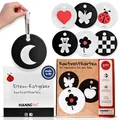 Produktbild: HANNIline® Kontrastkarten Baby [Made in EU] 20 Bilder auf 10 doppelseitigen Karten Baby Spielzeug 0 Monate Erstausstattung Neugeborene Montessori + Schlaufe, Elternratgeber
