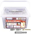 Produktbild: Connex Universalschrauben 5,0 x 70 mm - 160 Stück im Set - Senkkopf - TX-Antrieb - Teilgewinde - Gelb verzinkt - Inkl. Magnethalter & 2 Bits / Schrauben-Set / Schrauben-Eimer / B30176