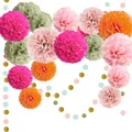 Produktbild: 18 Stück Partydeko Geburtstag Geburtstagsdeko Bunt, FORMVERSITY Papier Pompons Deko Pompons Grün, Tortendeko Geburtstag Seidenpapier Pompons Rosa und Dots Papier Girlande, Party Deko Hochzeitsdeko