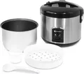 Produktbild: Reiskocher mit Dampfgarfunktion Aus Edelstahl gefertigt. Kocht Reis und hält diesen automatisch warm. Geeignet für 4 bis 10 Tassen trockenem Reis. Inklusive Dampfgareinsatz zum schonenden Zubereiten von Speisen. Inklusive Messbecher und Rei