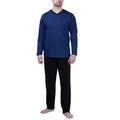 Produktbild: Moonline Pyjama Schlafanzug lang, 100% Baumwolle mit V-Ausschnitt und Streifen-Design blau XXL