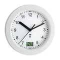 Produktbild: TFA Dostmann Analoge Badezimmer Uhr Funk, 60.3501, mit digitaler Temperaturanzeige, feuchtigkeitsgeschützt, ohne Bohren, 4 Saugnäpfe, Funkuhr, inkl Thermometer, 17 x 5,9 cm, Silber