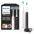 Produktbild: Philips Sonicare 3100 elektrische Zahnbürste, Schallzahnbürste, Andruckkontrolle und Timer, Sugar Rose und Schwarz, Zweierpack, Modell HX3675/15