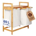 Produktbild: Lumaland Wäschekorb Bambus mit 2 ausziehbaren Wäschesäcken | Pflegeleichtes Material, unempfindlich gegen Nässe und leicht abwischbar | Höhe ca. 73cm x 64cm Breite x 33cm Tiefe [Weiss]