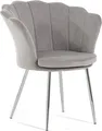 Produktbild: Samtstuhl SHELLY in Muschelform mit gepolsterter Sitzfläche und goldenen Metallbeinen, elegantes und raffiniertes Design –Hellgrau/Silber