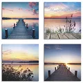 Produktbild: ARTLAND Wanddeko Strandbilder Leinwand Bilder Set 4 tlg. je 40x40 cm Quadratisch Wandbilder Landschaft Gewässer See Pier Abend Schilf Sonne K2JK