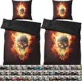 Produktbild: SANILO® Bettwäsche 135x200 cm, 100% feinste Baumwolle, 4-teilig, Bettbezug, Kissenbezug 80x80cm - Totenkopf in Flammen