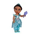 Produktbild: Disney Princess Jasmin Puppe 35cm, reflektierende Glitzeraugen, bewegliche Gelenke, ausziehbares Outfit, Schuhe, Krone, langes geflochtenes Haar, für Mädchen ab 3 Jahren
