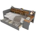 Produktbild: SOFTWEARY Stauraumbett mit Schreibtisch (90x200 cm, Lattenrost, Regal, Schubladen, USB und Type-C Anschluss), Einzelbett, Polsterbett, Leinen grau