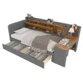 Produktbild: SOFTWEARY Stauraumbett mit Schreibtisch, Lattenrost, Regal, Schubladen, USB und Type-C Anschluss, Polsterbett, Einzelbett, Leinen (grau, 90x200 cm)