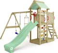 Produktbild: WICKEY Spielturm Klettergerüst MultiFlyer mit Schaukel & Rutsche, Kletterturm mit Sandkasten, Leiter & Spiel-Zubehör – pastellgrün